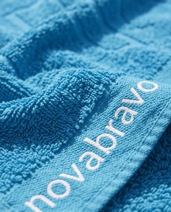 A close-up photograph of a blue textured terry cloth border jacquard towel. At the bottom of the image, the brand name