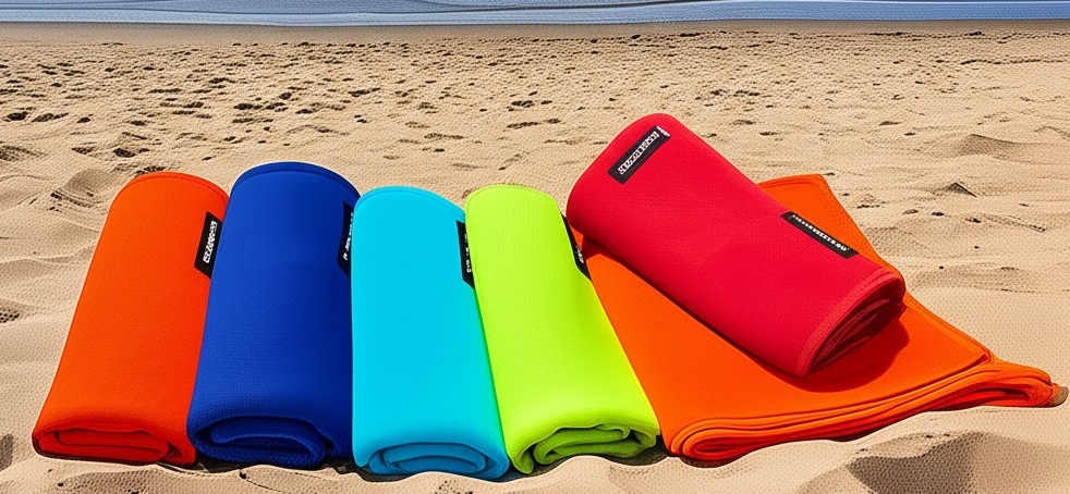 Colorful custom microfiber beach towels in blue, red, lime green, turquoise, and orange placed on soft beach sand, showcasing their vibrant tones, lightweight feel, and quick-drying properties for beach and travel use.